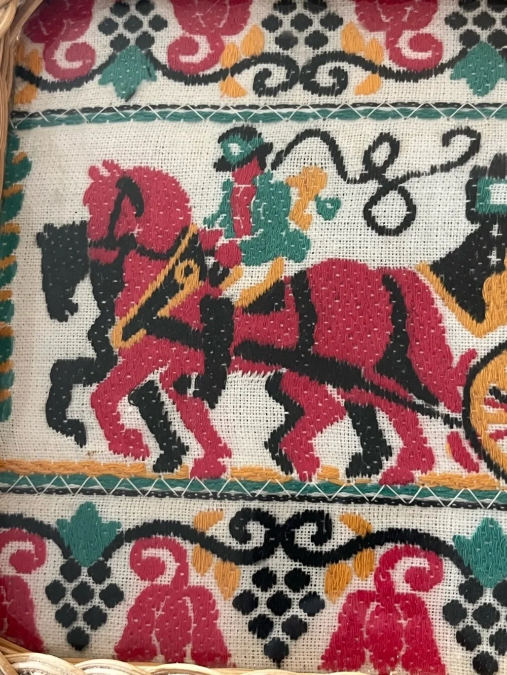 Vintage Wicker Tray w/ glass top Artisan Textile Horse-Drawn Carriage 10.5x7